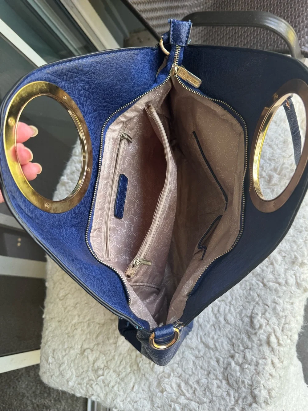 Michael Kors Navy Leather Ring-Handle Satchel with Gold Hardware